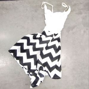 Zig zag shorts jumper with lace crochet top.